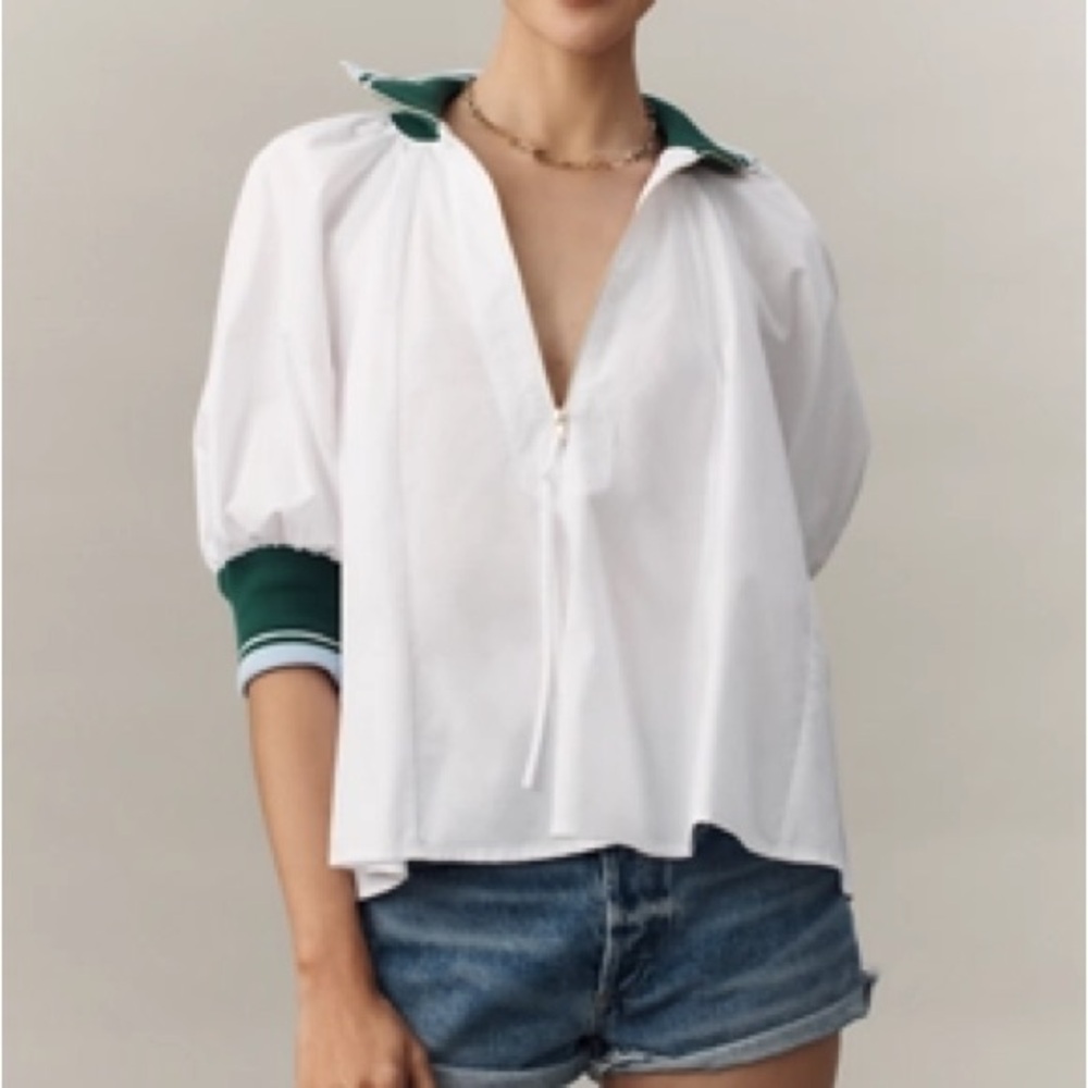 Maeve White Half-Zip Puff-Sleeve Sporty Henley Blouse-NWT - Picture 3 of 9